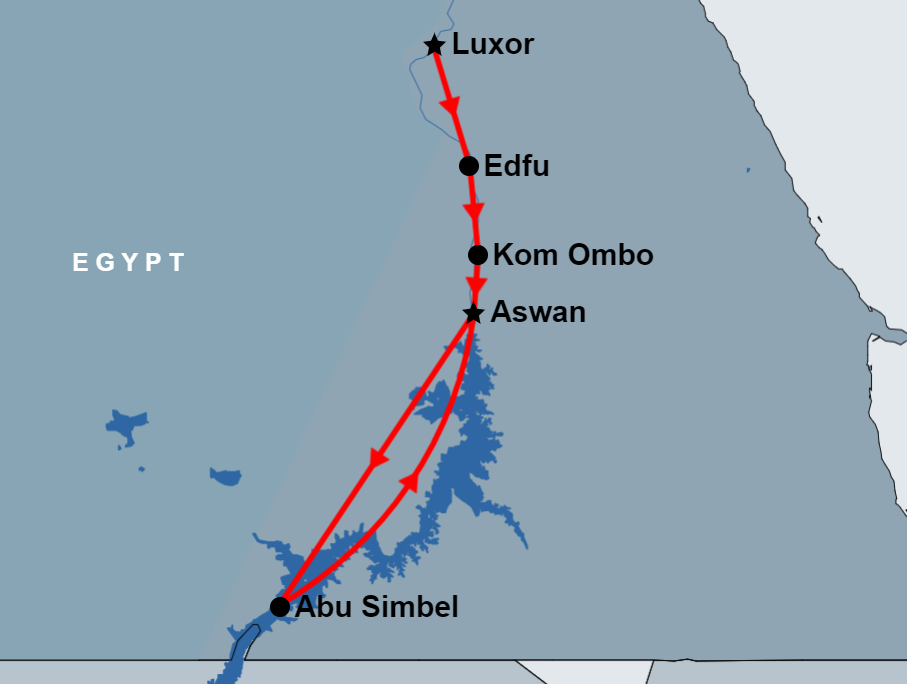 4 Day Luxor, Edfu, Kom Ombo, Aswan and Abu Simbel Tour map 4 Day Luxor, Edfu, Kom Ombo, Aswan and Abu Simbel Tour map
